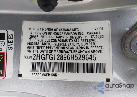 2006 Honda Civic Ex z USA, uszkodzony, nr VIN 2HGFG12896H529645